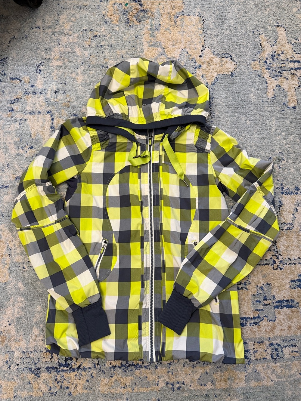lululemon athletica Neon Lime and Gray Plaid Hooded spring Jacket